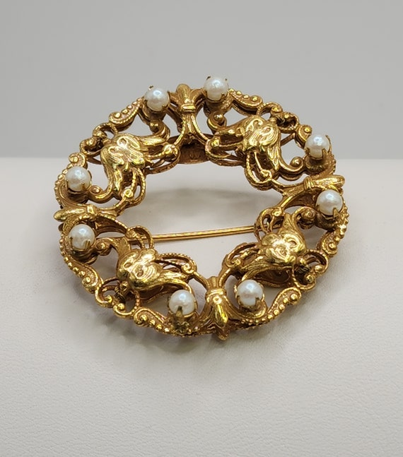 MIRIAM HASKELL Brooch Gorgeous Golden Pearly Wrea… - image 8