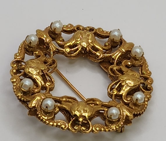 MIRIAM HASKELL Brooch Gorgeous Golden Pearly Wrea… - image 5