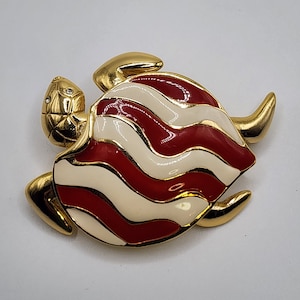 ORENA PARIS Turtle Brooch Vividly French Red & White Enamel Figural Gift For Vintage Jewelry Lover Designer Vintage Jewelry Present For Her