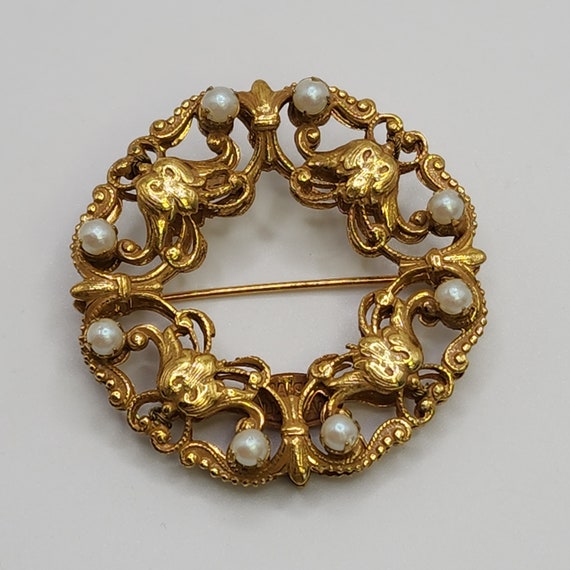 MIRIAM HASKELL Brooch Gorgeous Golden Pearly Wrea… - image 1