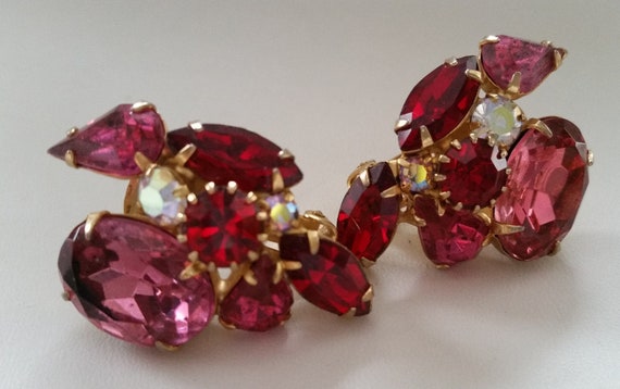 MID CENTURY LUXURY Earrings Large Pink & Ruby Red… - image 1