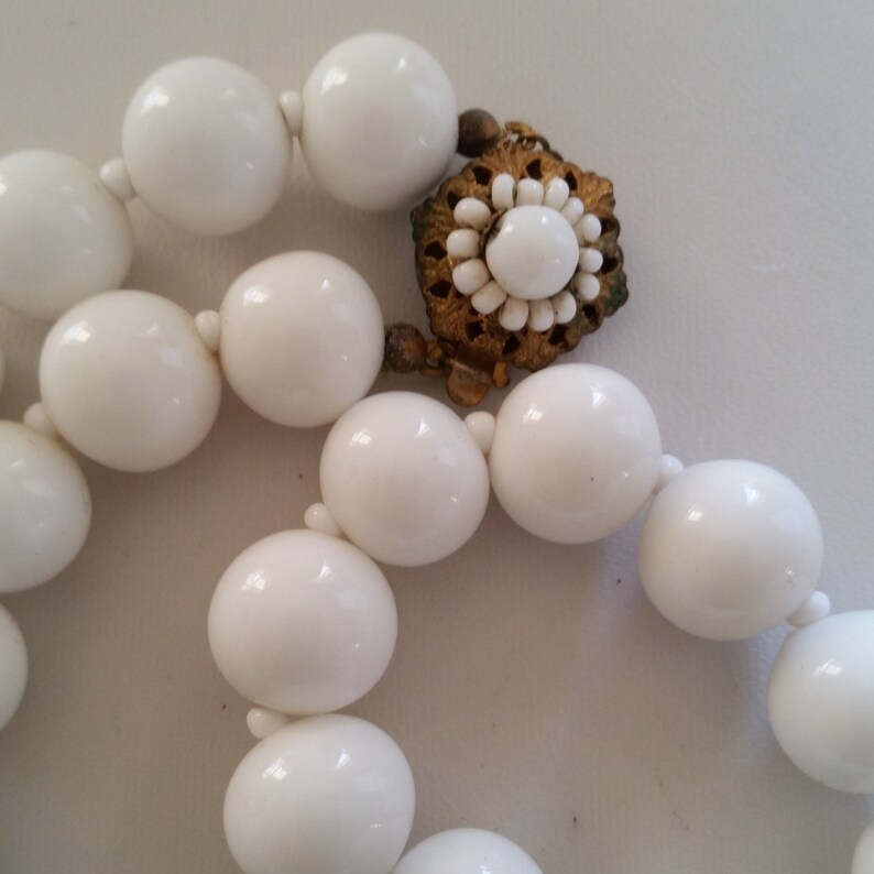 Marvelous Mid Century MIRIAM HASKELL Milk Glass Necklace~24 Inch White Glass Beads~Signed Collectible Designer~Vintage Costume Jewelry