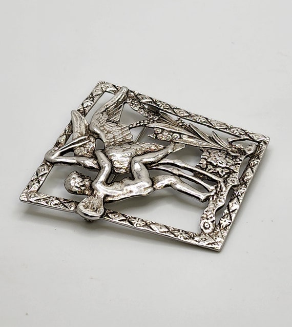 EARLY CORO SCRIPT Brooch Large Silver Tone Cherub… - image 6