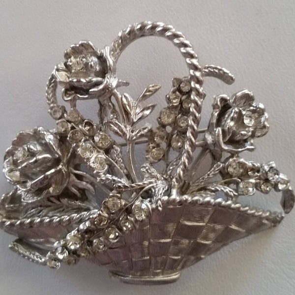 Beautiful Brimming With Roses Flower Basket Silvery Rhinestone Unsigned THELMA DEUTSCH Figural Brooch~Authentic Collectible Designer Vintage