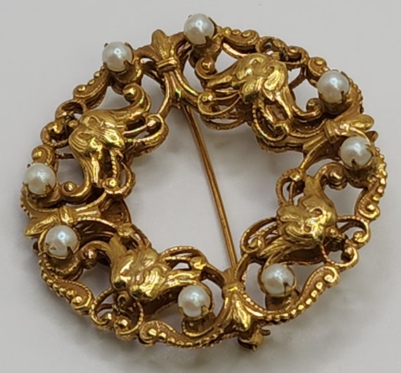 MIRIAM HASKELL Brooch Gorgeous Golden Pearly Wrea… - image 3
