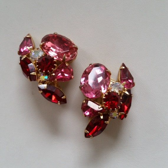 MID CENTURY LUXURY Earrings Large Pink & Ruby Red… - image 6