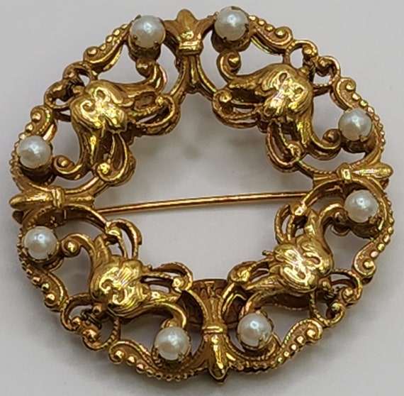 MIRIAM HASKELL Brooch Gorgeous Golden Pearly Wrea… - image 2