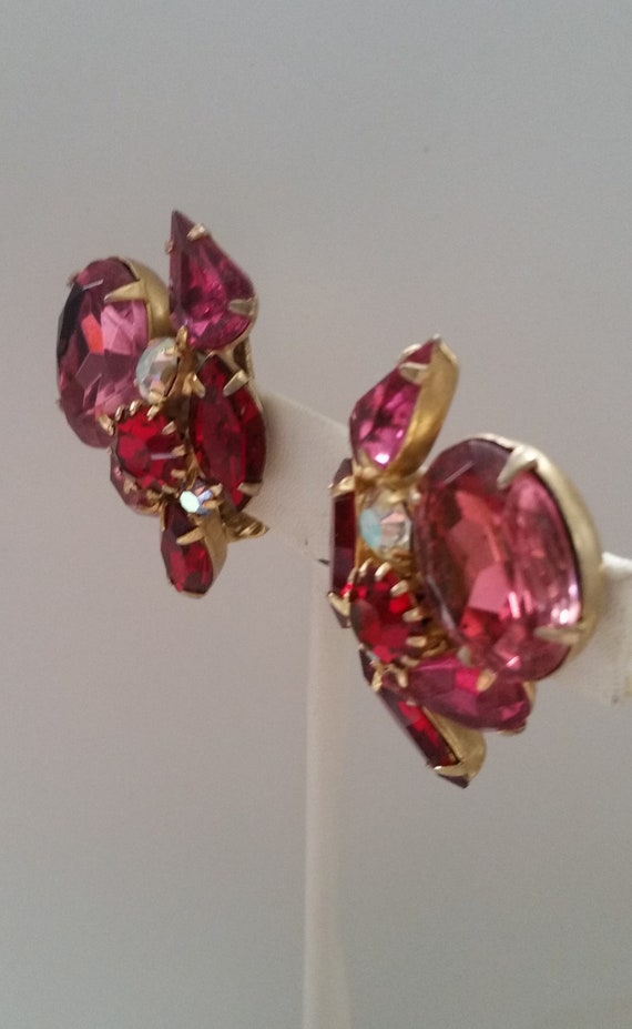 MID CENTURY LUXURY Earrings Large Pink & Ruby Red… - image 4