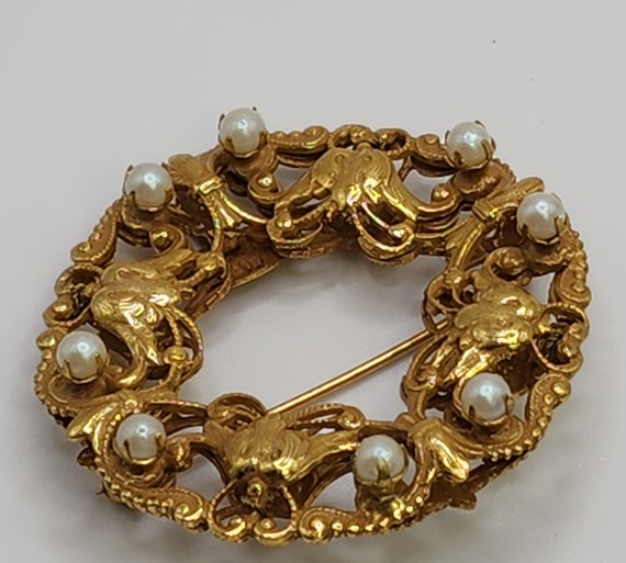 MIRIAM HASKELL Brooch Gorgeous Golden Pearly Wrea… - image 4