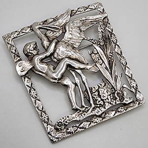 EARLY CORO SCRIPT Brooch Large Silver Tone Cherub & Stork Vintage Jewelry Lover Gift Authentic Collectible Designer Vintage Jewelry Present