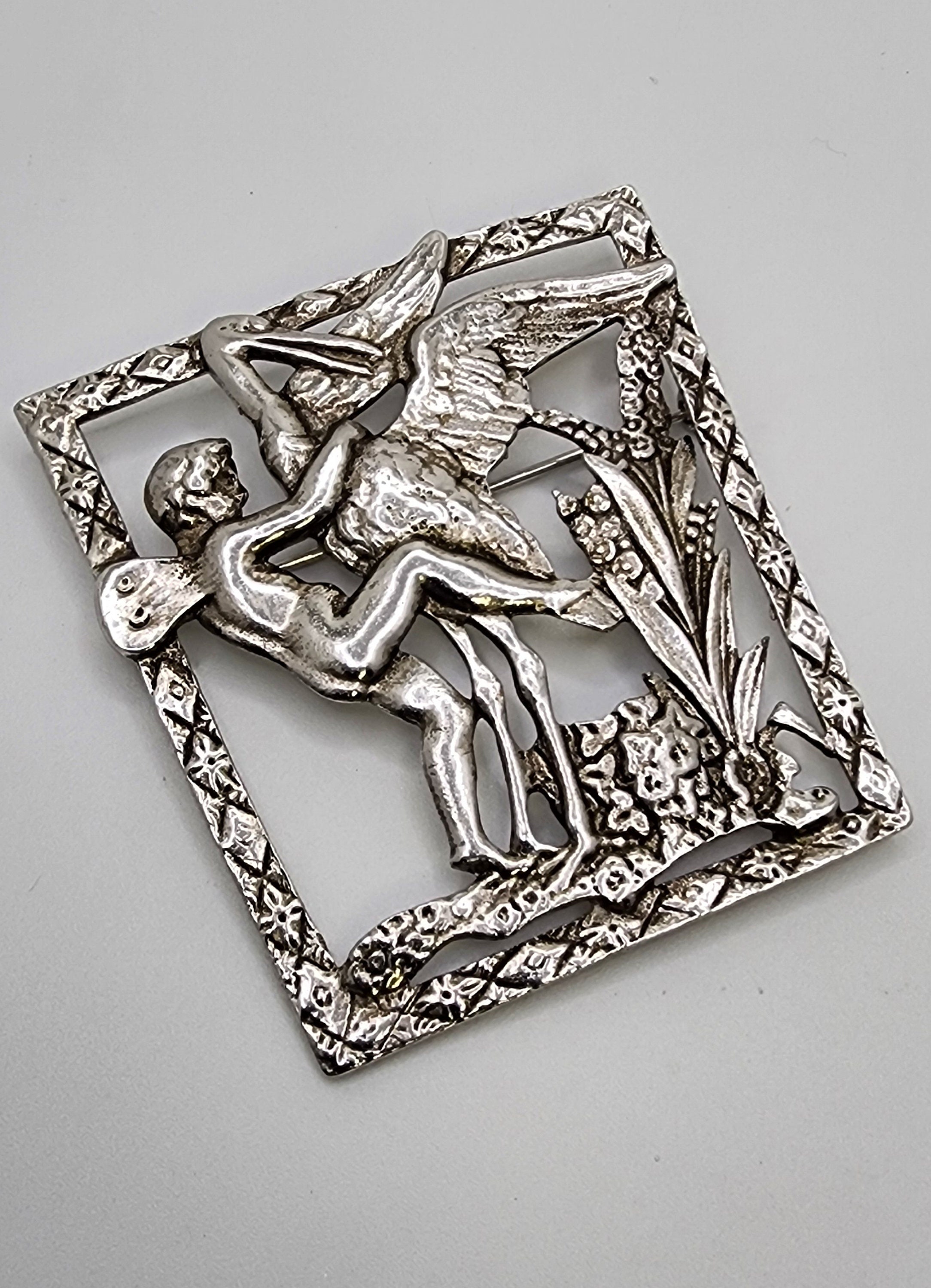Script Brooch EARLY CORO SCRIPT Brooch Large Silver Tone Cherub & Stork Vintage ...