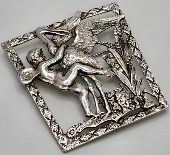 EARLY CORO SCRIPT Brooch Large Silver Tone Cherub… - image 2