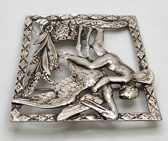 EARLY CORO SCRIPT Brooch Large Silver Tone Cherub… - image 5