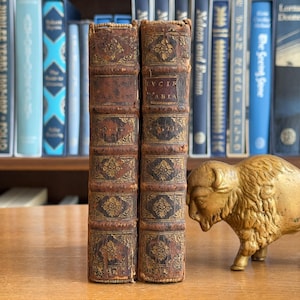 Puede incluir: Dos libros antiguos encuadernados en cuero con detalles dorados están de pie sobre una superficie de madera. Una figura de bisonte dorada está colocada a la derecha. El fondo presenta una estantería llena de varios libros azules.