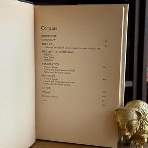 K&ouml;nnte beinhalten: Aufgeschlagenes Buch mit Inhaltsverzeichnis, das Titel wie &bdquo;Indictment&ldquo; und &bdquo;Conspiracy&ldquo; enth&auml;lt. Eine kleine, goldfarbene Bisonfigur liegt auf dem Tisch. B&uuml;cherregale sind im Hintergrund zu sehen.