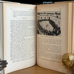 K&ouml;nnte beinhalten: Ein aufgeschlagenes Buch mit gealterten, vergilbten Seiten, das Text und ein Schwarz-Wei&szlig;-Foto einer Menschenmenge enth&auml;lt. Ein goldfarbenes Bison-Buchst&uuml;tze liegt auf der rechten Seite. Das Buch tr&auml;gt den Titel "The Black Book".