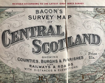 Vintage 24-Panel Survey Map of Central Scotland ca. 1900