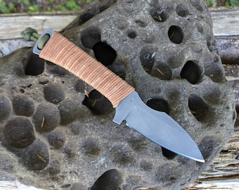Handmade Bushcraft Knife: 52100 Carbon Steel, Rustic Patina, Wrap Handle