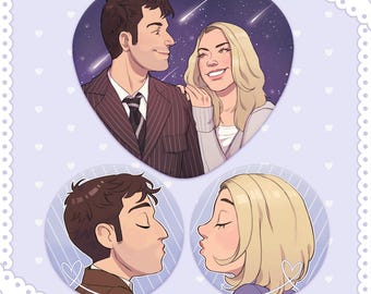 May include: A set of three illustrated coasters featuring a couple. One coaster is heart-shaped with the couple under a starry sky. The other two are round, showing the couple kissing. The coasters have a light purple background.