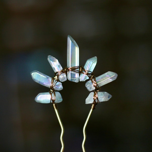 Polished Smoky Angel Aura Quartz Crystal Stone Wedding Bridal Hair Pin