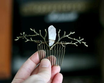 Raw Quartz Crystal Elven Hair Comb: Boho Bridal Wedding