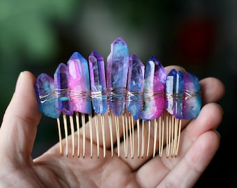 Cotton Candy Dyed Quartz Crystal Hair Comb With Gift Box