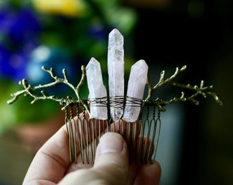 Dyed Quartz Crystal Hair Comb: Elven Bridal Boho Wedding
