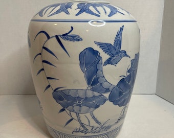 Blue & White Porcelain Ginger Jar Vase Hummingbird Design