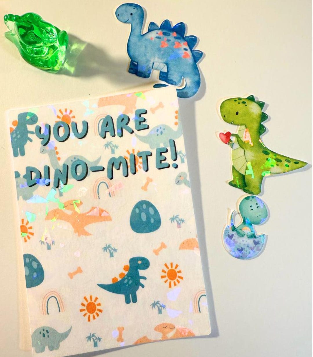 Holographic Dinosaur-themed Cute Valentines Set of 4 Each One Includes ...