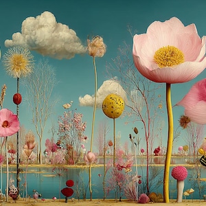 Op de afbeelding: Een grillig landschapsschilderij met oversized bloemen in roze, geel en rood tegen een blauwe lucht met wollige wolken. De scène omvat een waterpartij en diverse grillige elementen.