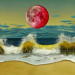Puede incluir: Obra de arte digital que representa un paisaje marino. Una gran luna roja cuelga sobre las olas del océano. Las olas rompen en una playa de arena. El cielo es amarillo y azul.
