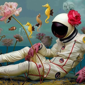 May include: An astronaut in a cream-colored spacesuit reclines amidst surreal underwater flora and fauna. The scene includes seahorses, fish, and large, stylized flowers. The astronaut's helmet is adorned with a red flower, and the gloves are pink.