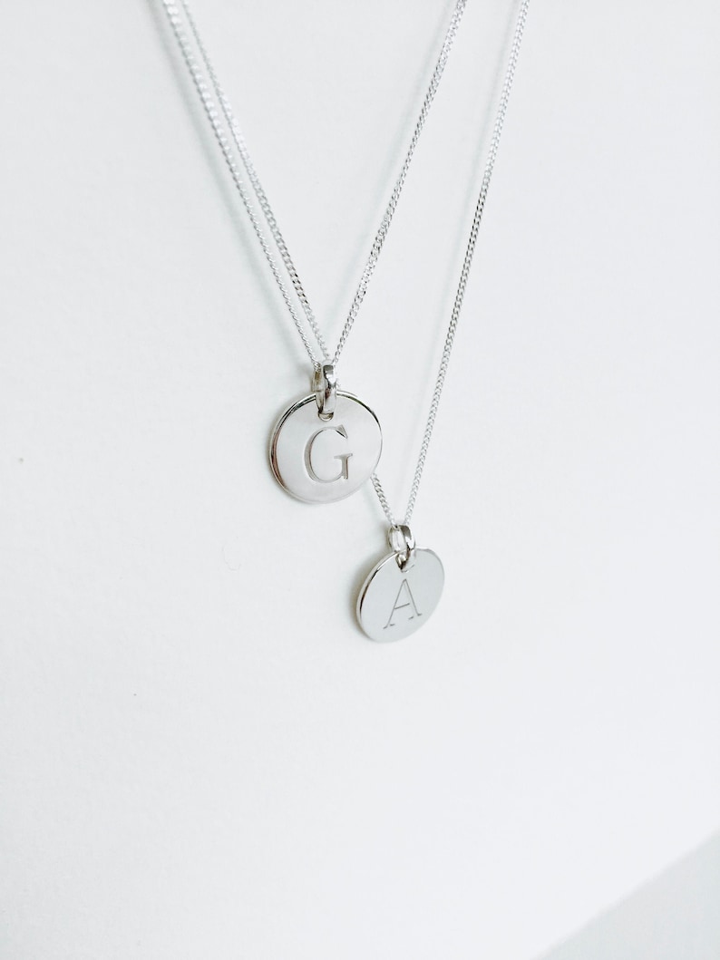 Solid Gold Initial Disc Pendant / Silver Initial Pendant / Etsy