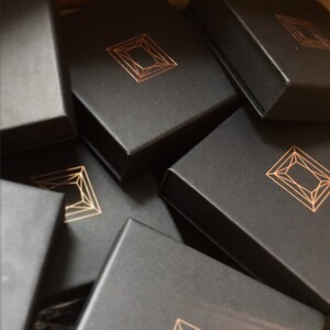 May include: A stack of black gift boxes with a gold geometric design on the top of each box.