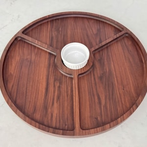 Walnut Lazy Susan 20 x 1 1/4 inch serving tray with dish