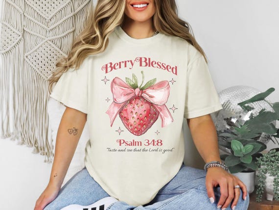 Comfort Colors Strawberry Berry Blessed T-Shirt, Christian Graphic Tee, Faith-Based Strawberry Design, Gift for Her, Summer Shirt, Psalm 34