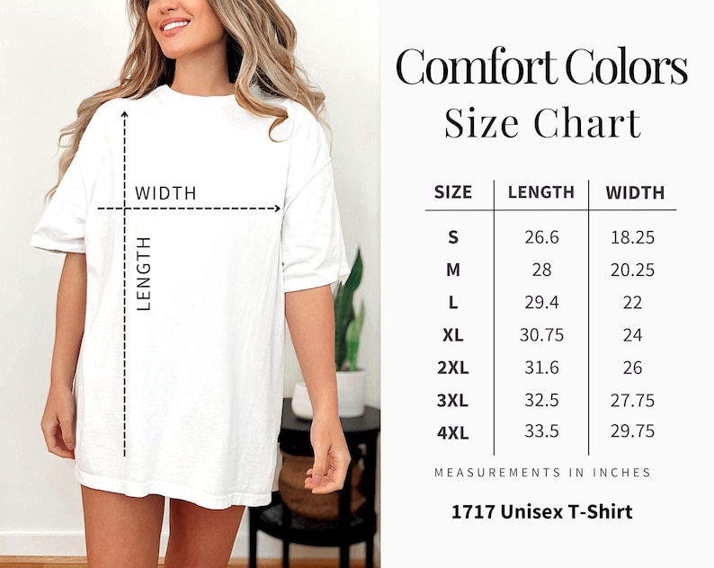 Op de afbeelding: Een wit Comfort Colors unisex T-shirt met een maattabel. De tabel toont afmetingen in inches voor maten S tot 4XL. Lengtes vari&euml;ren van 67,6 cm tot 85,1 cm en breedtes van 46,4 cm tot 75,6 cm. Het T-shirt is model 1717.