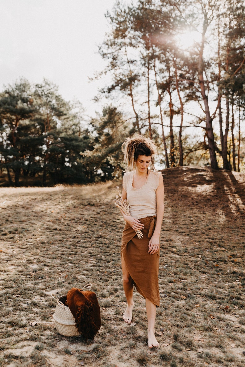 Bohemian high waist wrap skirt made from high quality cotton Elegant rust colored pareo skirt with ribbon at the waist. image 4