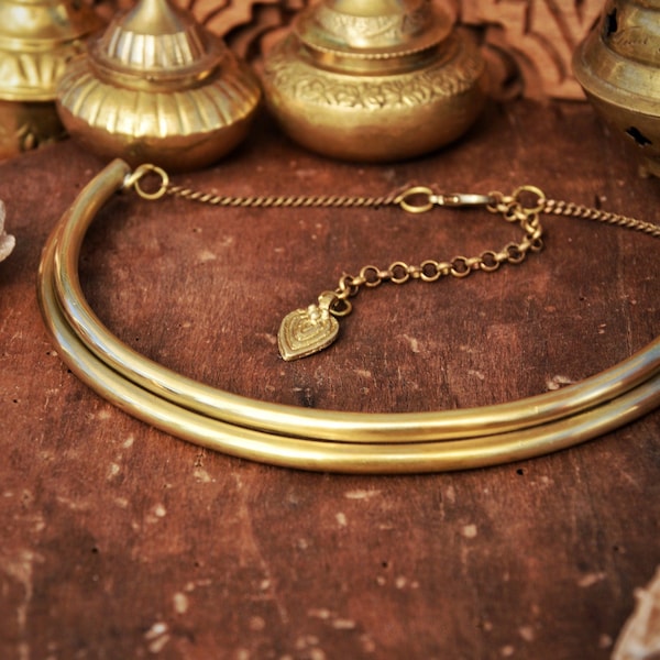 Brass Torque Necklace: Golden Urban Neck Cuff, Adjustable Chain