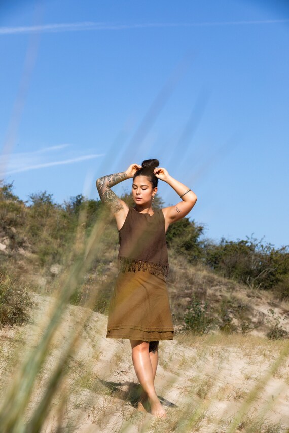 A line knee length skirt with frayed border Boho wrap skirt Bohemian midi skirt Waist tie skirt with fringed edges