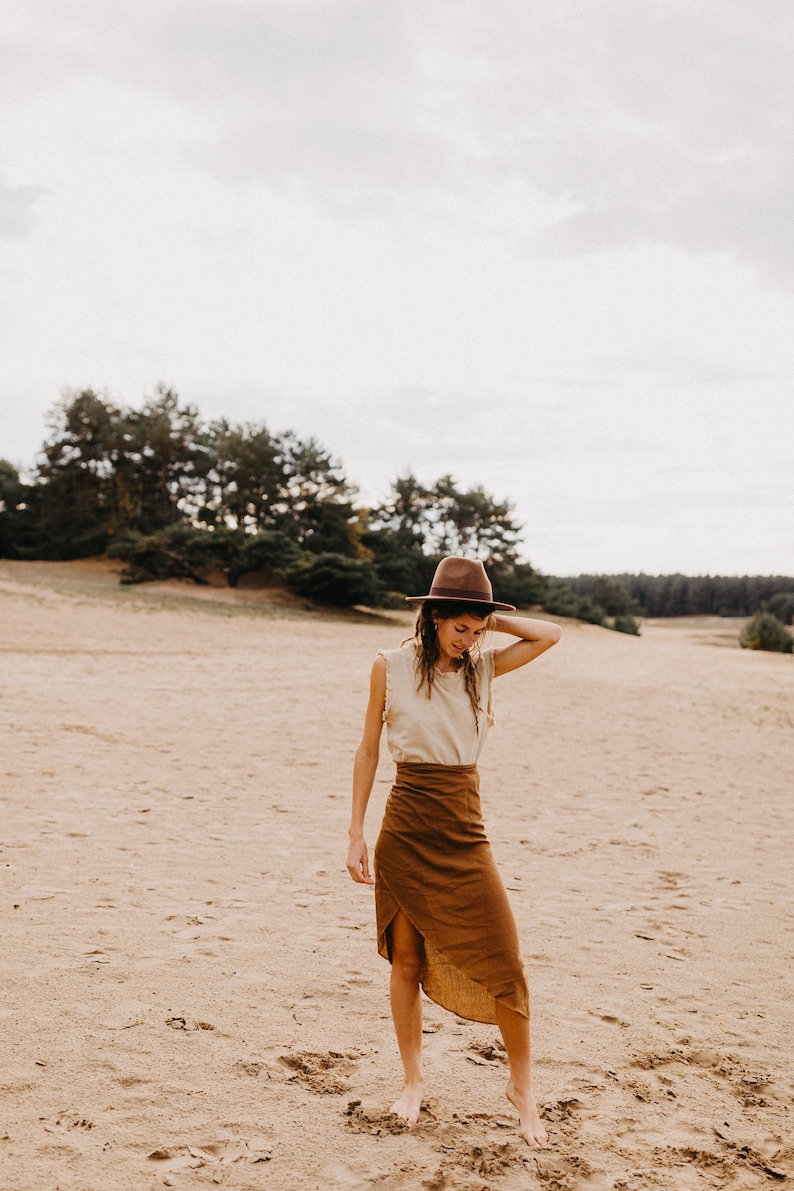 Bohemian high waist wrap skirt made from high quality cotton Elegant rust colored pareo skirt with ribbon at the waist. image 1