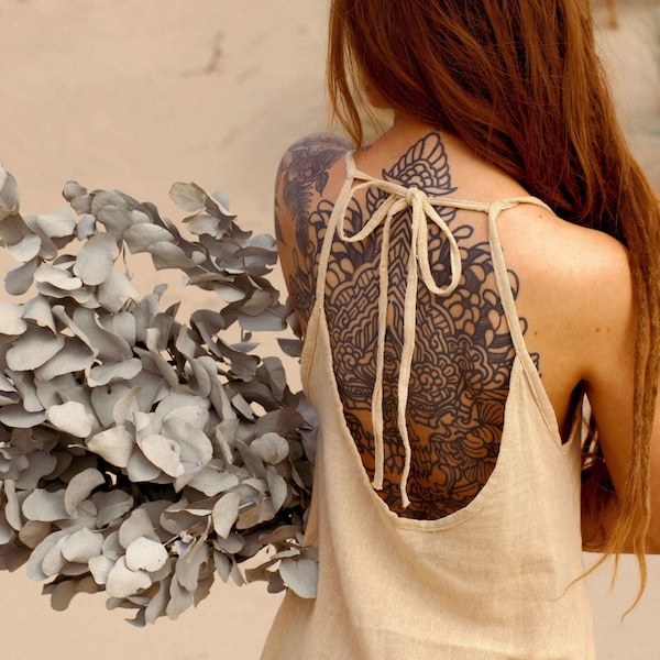 Backless dress | simple style dress | bohemian summer dress | spagetthi strap dress | open back dress | flowy summer dress | Natural fabric