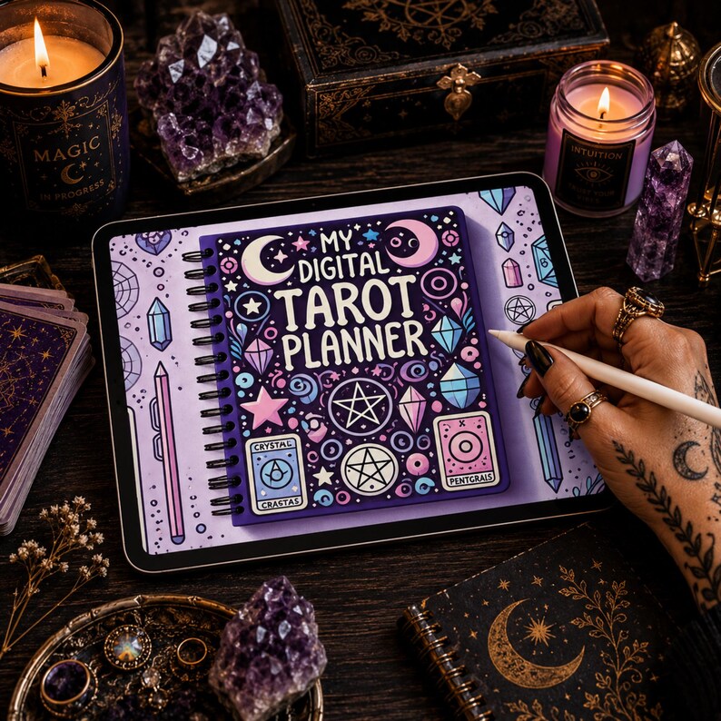 May include: A digital tablet displaying a spiral-bound planner titled MY DIGITAL TAROT PLANNER with purple and pink illustrations of crystals, stars, and pentacles. The screen shows a stylus interacting with the interface on a dark wooden surface.