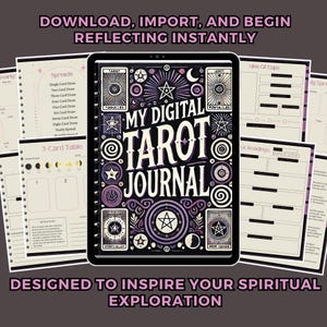 May include: A digital tarot journal app with a purple and black design. The app features a 3-card table, spreads, and tarot readings. The text on the app says "My Digital Tarot Journal".