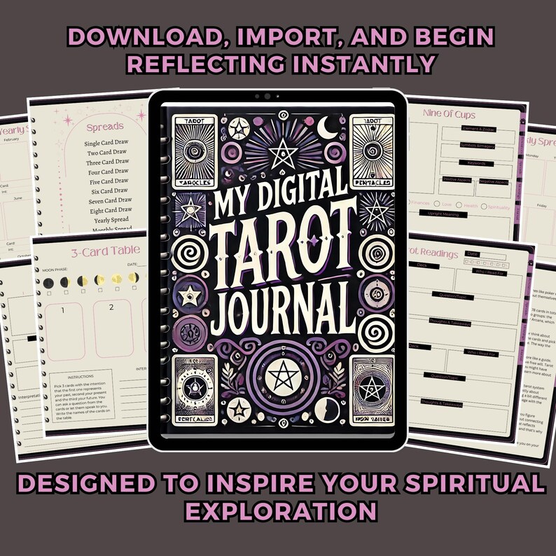 May include: A digital tarot journal app with a purple and black design. The app features a 3-card table, spreads, and tarot readings. The text on the app says "My Digital Tarot Journal".