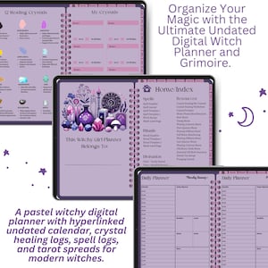 Op de afbeelding: Een digitale heksenplanner met kristalhelingslogs, spellogs en tarot spreads. De pastelkleurige planner bevat een ongedateerde kalender en is ontworpen voor moderne heksen. De tekst op de planner luidt "Organize Your Magic".