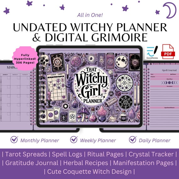 Witchy Planner & Digital Grimoire / Book Of Shadows, Undated Digital Planner, Tarot Journal, Spell Book, Moon Journal, Daily/Weekly Planning