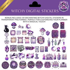 May include: A set of digital stickers with a witchy theme, including illustrations of mushrooms, moons, stars, crystals, and spell books. The stickers are in shades of purple and pink, with the text "Witchy Digital Stickers".