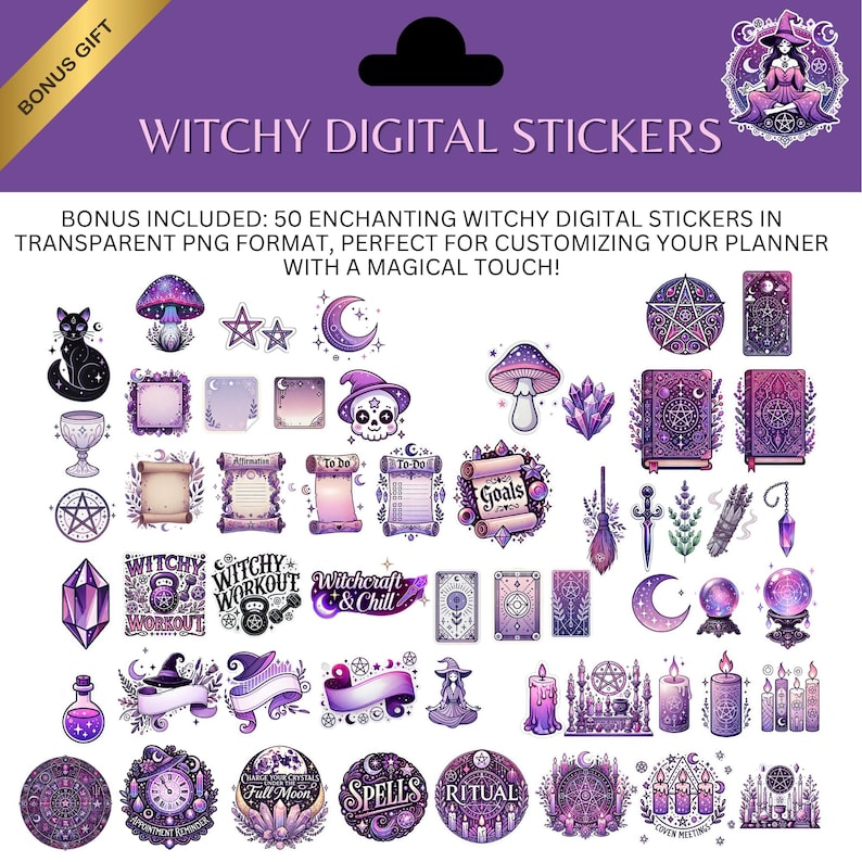 May include: A set of digital stickers with a witchy theme, including illustrations of mushrooms, moons, stars, crystals, and spell books. The stickers are in shades of purple and pink, with the text "Witchy Digital Stickers".