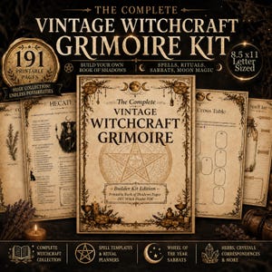 Peut inclure: Un ensemble de 191 pages imprimables pour un kit de grimoire de sorcellerie vintage, au format 21,6 x 27,9 cm. Les pages présentent des fonds parchemin beige avec du texte noir, des pentagrammes, des phases lunaires et des illustrations botaniques.